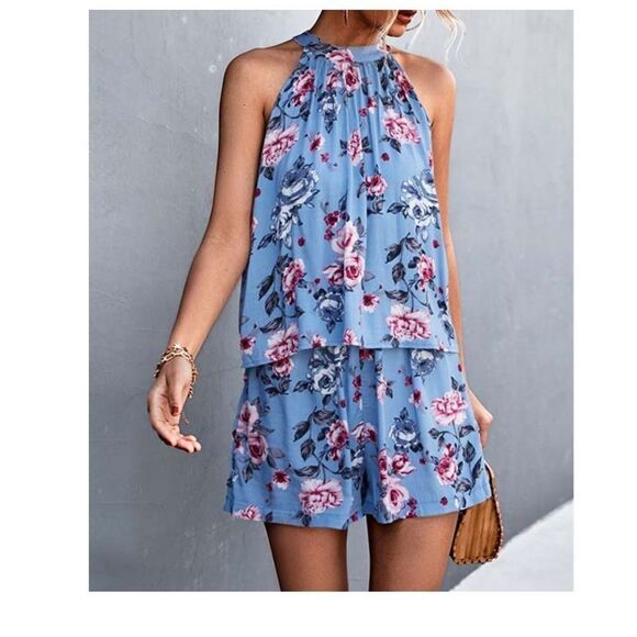 Simple Flavor | Blue Floral Open-Back Halter Neck Top & Shorts M # A269 - Picture 4 of 5